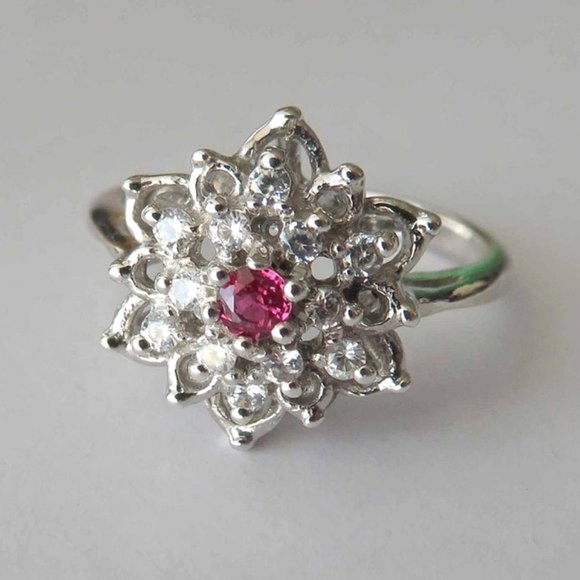 Blossoming Lotus Flower Natural Ruby White Zircons Sterling Silver Ring Sz 6.75 - Picture 2 of 8